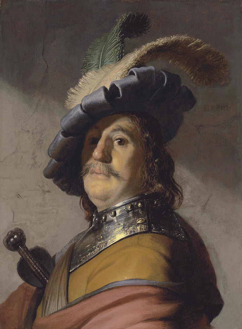 Byst av en man som bär en krage och en fjäderhatt - Rembrandt