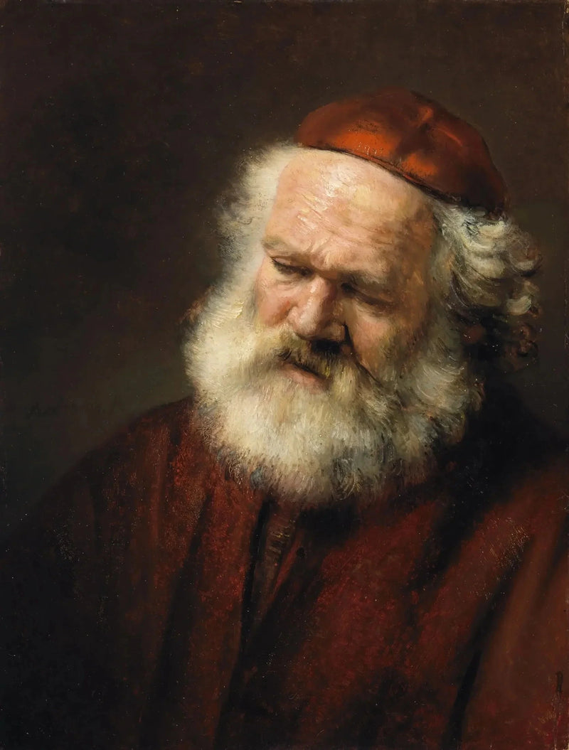 Byst av en gammal skäggig man med röd mössa - Rembrandt