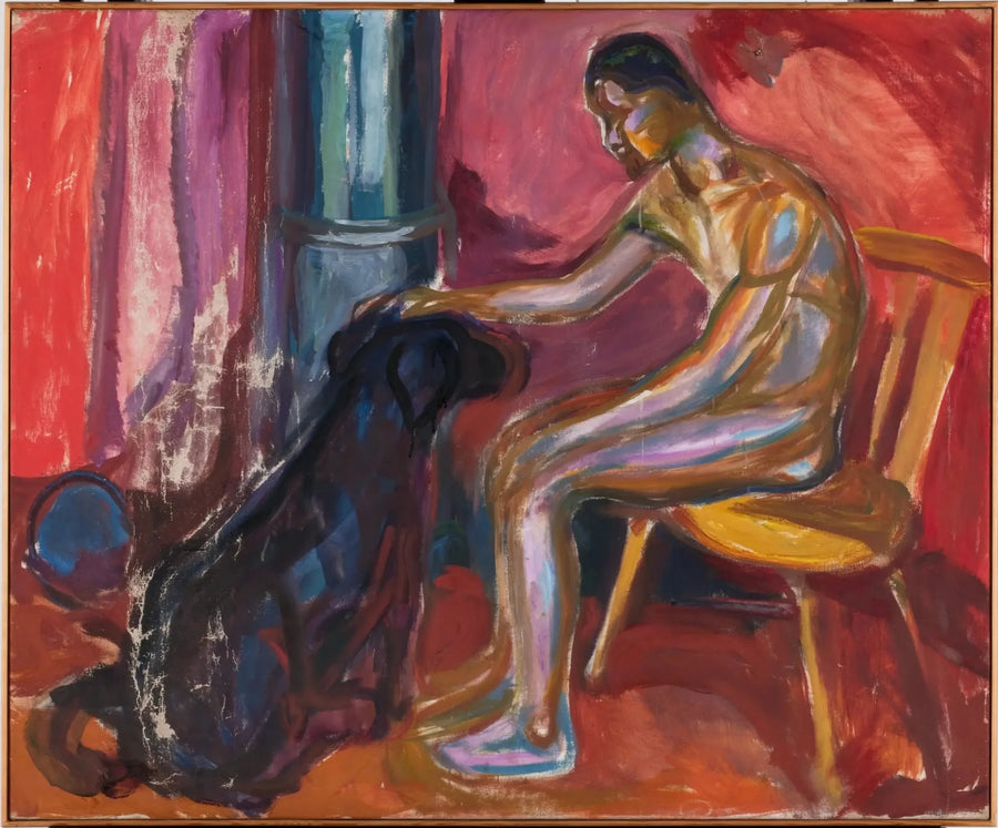 Naken man som sitter med en hund - Edvard Munch