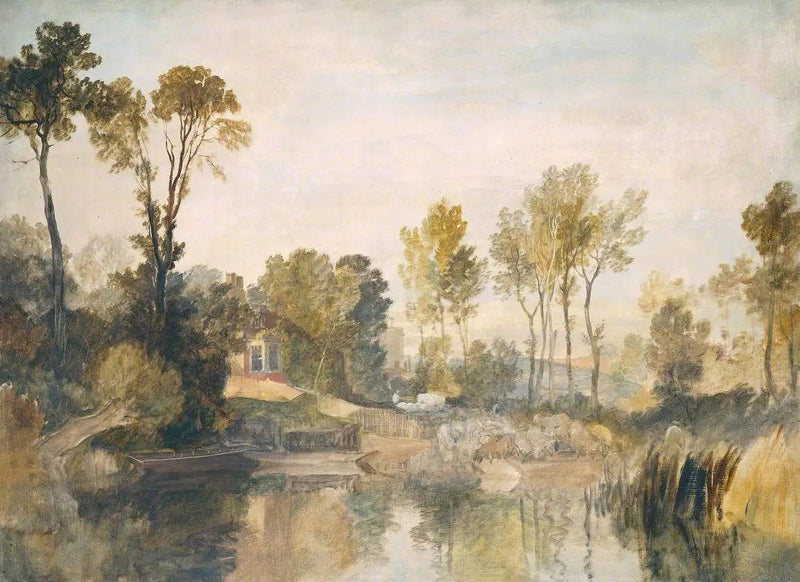 Hus vid floden, med träd och får - J. M. W. Turner