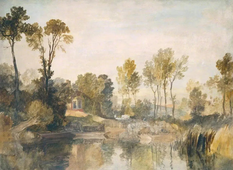 Hus vid floden, med träd och får - J. M. W. Turner