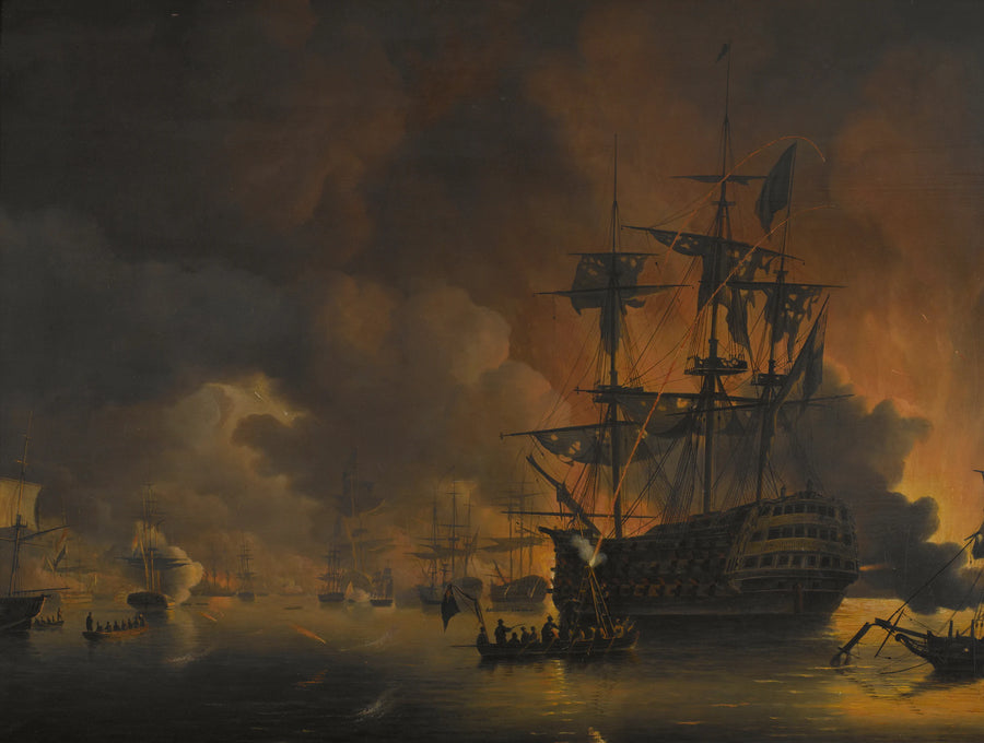 L'incendie des chantiers d'Alger, peu après le début du bombardement de la flotte anglo-hollandaise, le 27 août 1816. - Nicolaas Baur