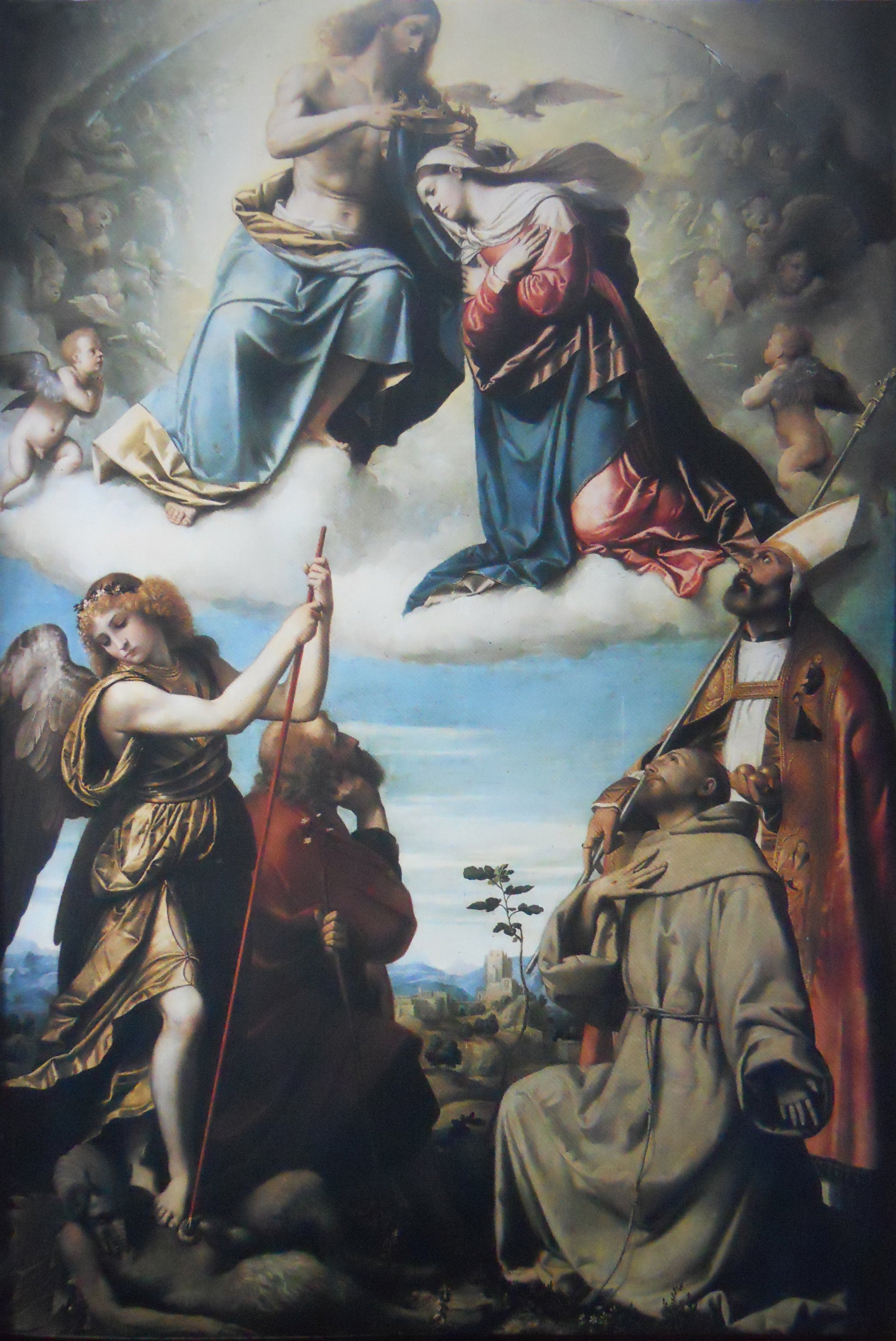 Incoronation de la Vierge avec les saints Michele Arcangelo, Giuseppe, Francesco d'Assisi et Nicola di Bari - Alessandro Bonvicino image 1 tableau peint à l’huile sur toile