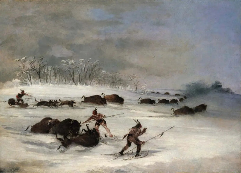 Indianska Sioux i snöskor som kastar bisoner - George Catlin