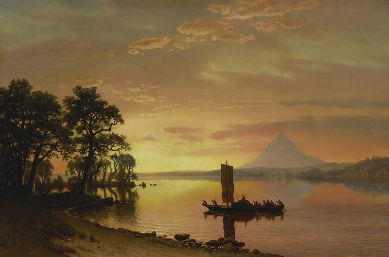 Indier som korsar Columbia-floden [med Mount Hood i fjärran] - Albert Bierstadt