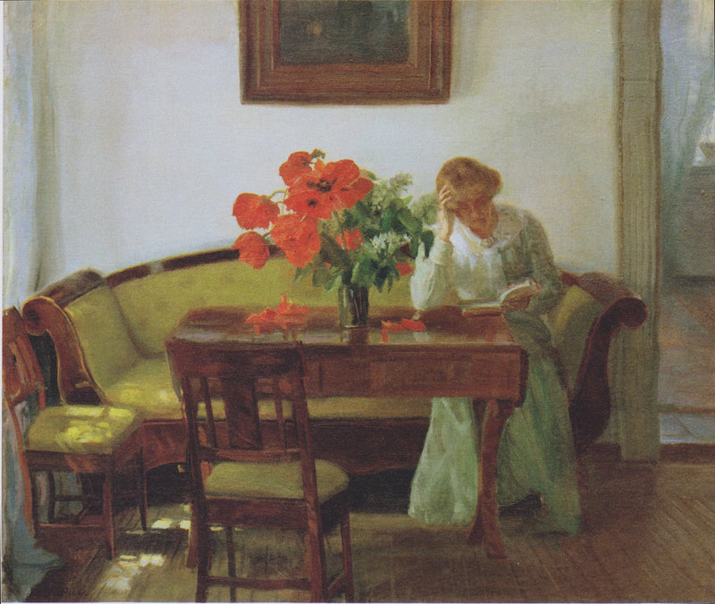 Interiör med vallmo och en kvinna som läser (Lizzy Hohlenberg) - Anna Ancher