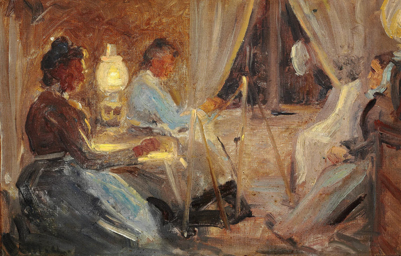 Intérieur avec deux femmes réalisant le portrait de Mme Ane Brøndum. - Michael Peter Ancher
