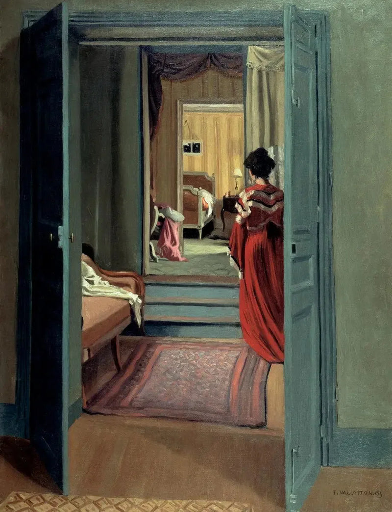 Interiör med kvinna i rött bakifrån - Félix Vallotton