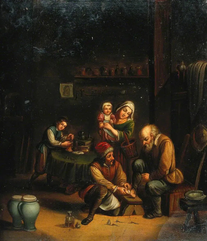 Interiör med en kirurg som behandlar en mans fot och tre andra personer - David Teniers den yngre