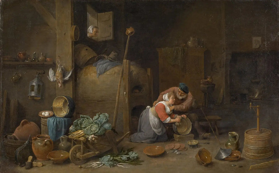 Interiör med en gammal man som klappar en städerska - David Teniers den yngre