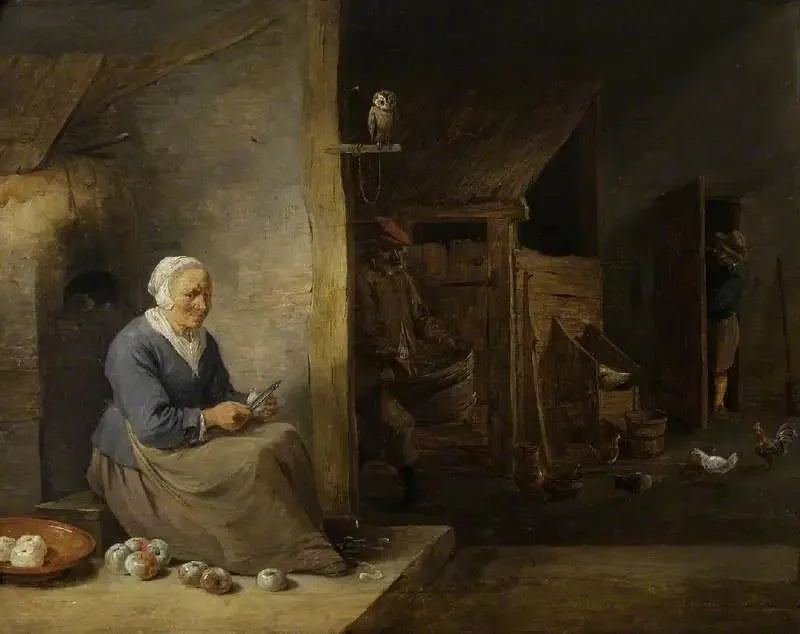 Interiör, med en gammal kvinna som skalar äpplen - David Teniers den yngre