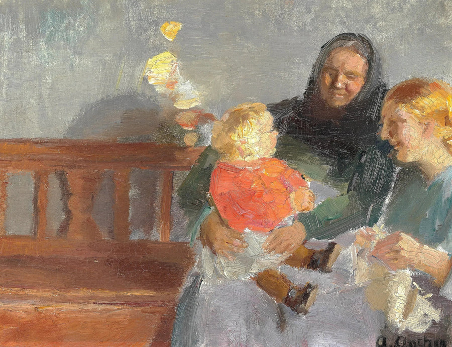 Inomhusbad i solljus, med tre generationer. - Anna Ancher
