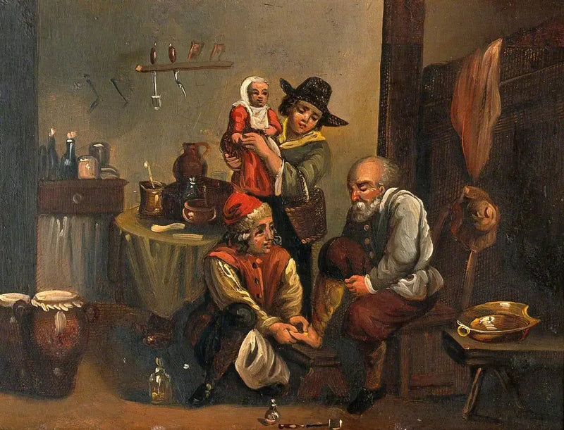 Interiör av ett medicinskt rum med en kirurg som behandlar en mans fot, och en kvinna och ett barn som tittar - David Teniers den yngre
