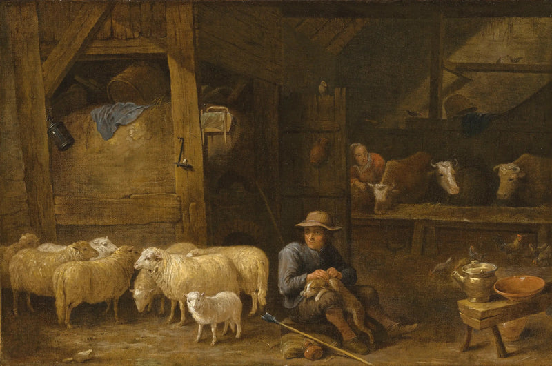 Interiör av ett lador med en herde och hans flock - David Teniers den yngre
