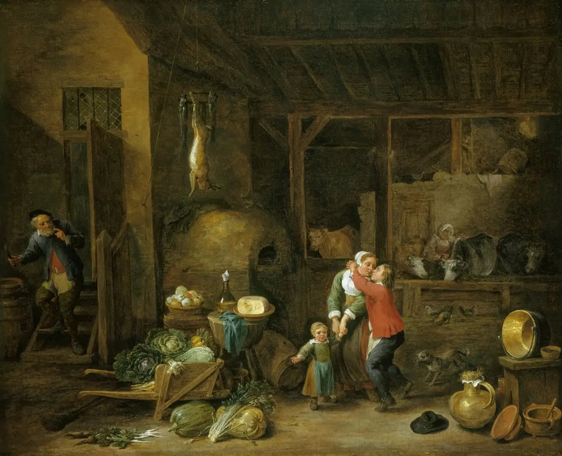 Interiör av ett familjehem med personer („Den stulna kyssen“) - David Teniers den yngre