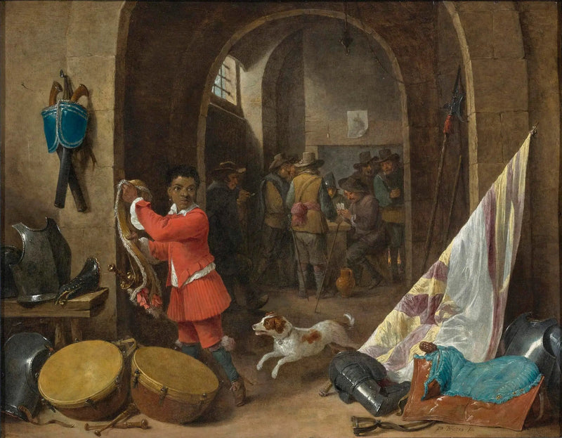 Interiör av ett vaktställe med en svart tjänare nära ett stilleben av en sadel, en banner, trummor och rustningar; soldater som spelar kort i bakgrunden - David Teniers den yngre