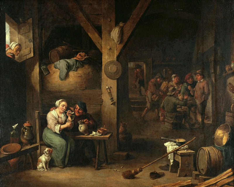 Interiör av en värdshus med en kvinna som röker och en man som erbjuder henne ett glas under en gammal kvinnas blick - David Teniers den yngre