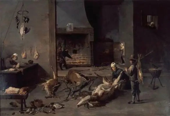 Interiör av kök med kockar som förbereder jaktvilt - David Teniers den yngre