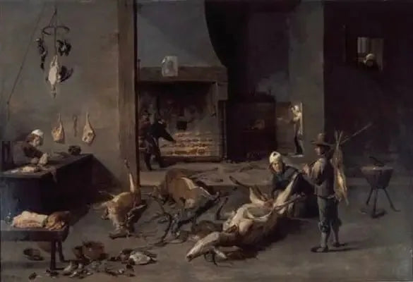 Interiör av kök med kockar som förbereder jaktvilt - David Teniers den yngre