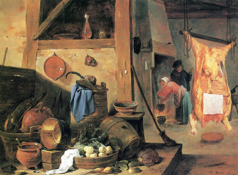 Köksinteriör med stilleben och slaktad nötkött - David Teniers den yngre