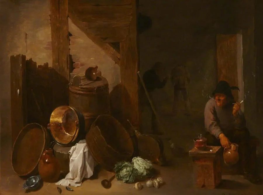 Interiör av ett kök med Toper och andra bönder i fjärran - David Teniers den yngre