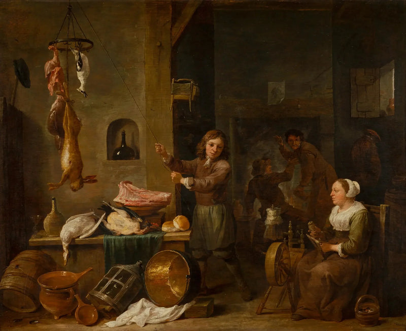 Köksinteriör med en pojke och en kvinna vid ett spelbord - David Teniers den yngre