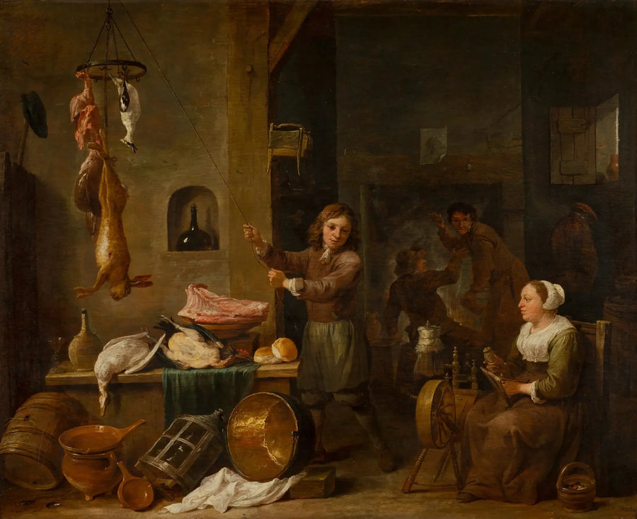 Köksinteriör med en pojke och en kvinna vid ett spelbord - David Teniers den yngre