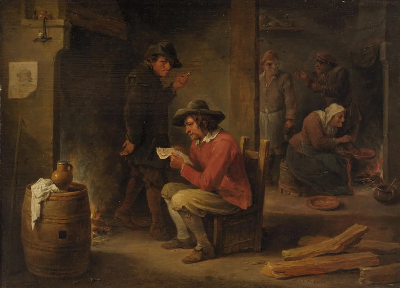Inomhus av en gård med tidningsläsare - David Teniers den yngre