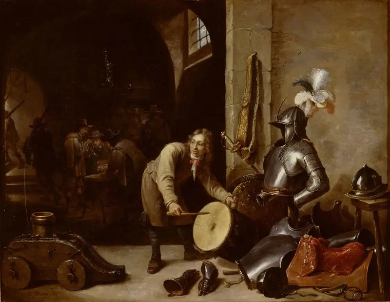 Interiör av vaktlokalen med en ung man som håller i ett trumskinn - David Teniers den yngre