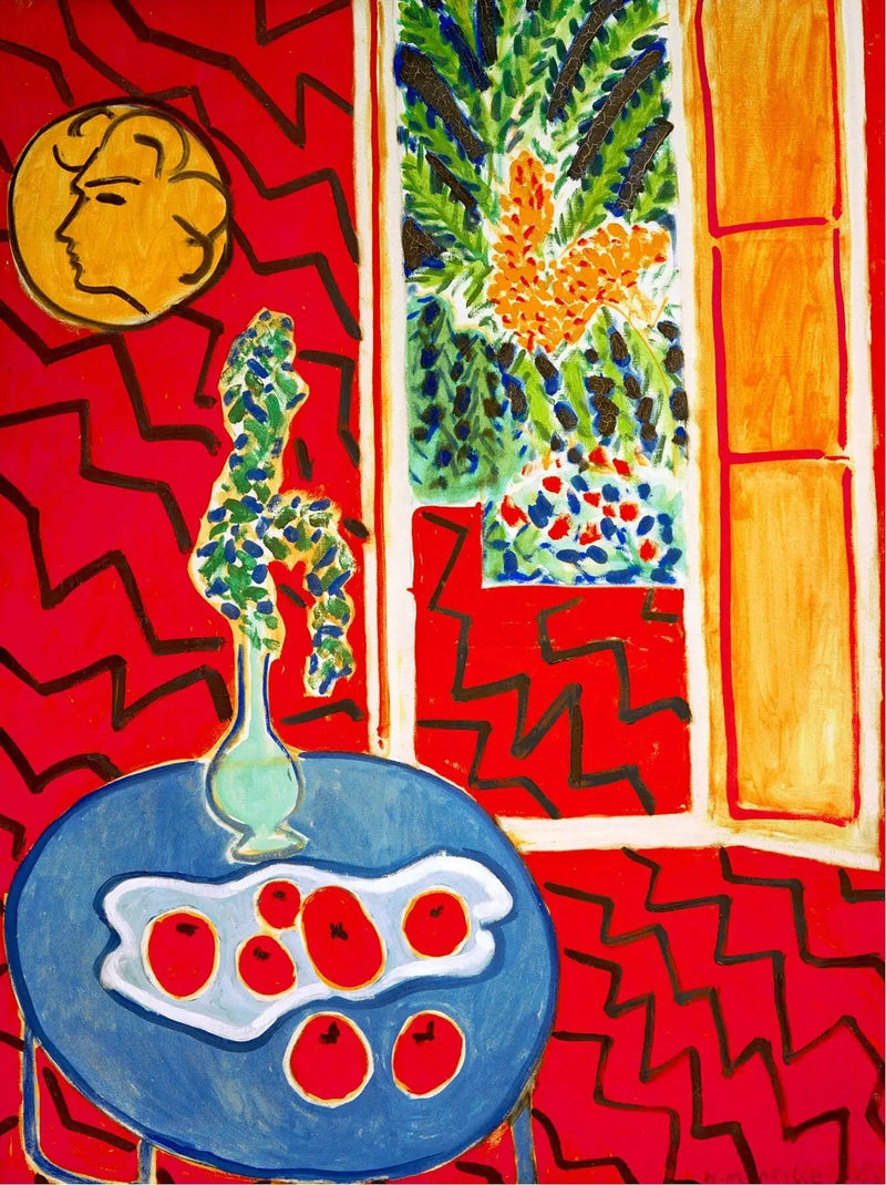Röd inredning, stilleben på blått bord - Henri Matisse