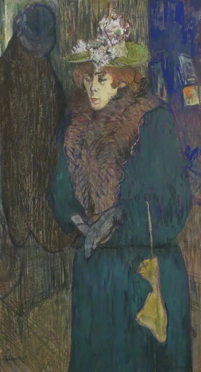 Jane Avril i ingången till Moulin Rouge, som sätter på sig sina handskar - Henri de Toulouse-Lautrec