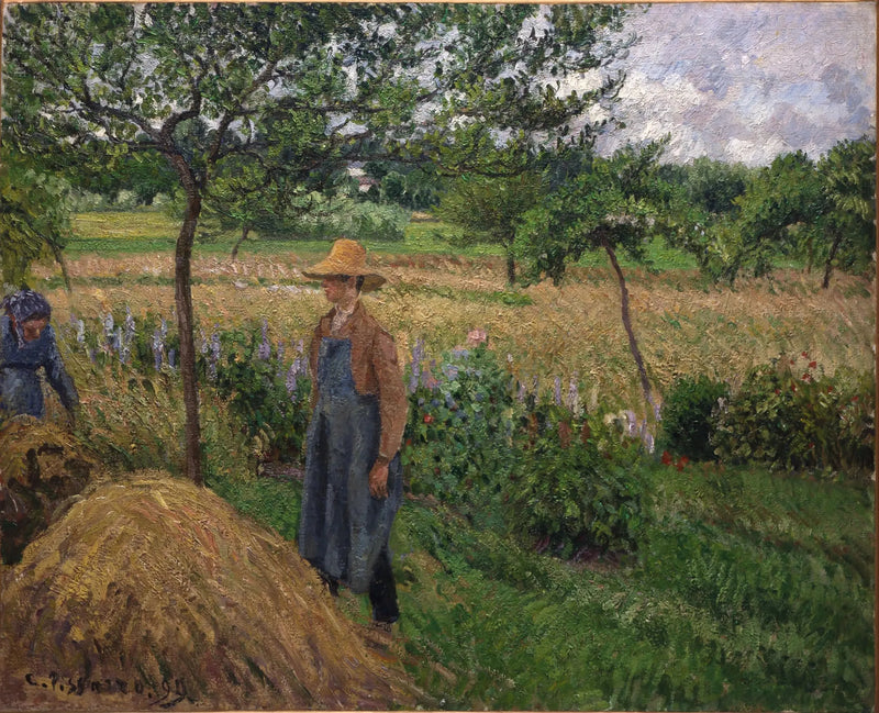 Trädgårdsmästare framför en höstack, grått väder, Éragny - Camille Pissarro