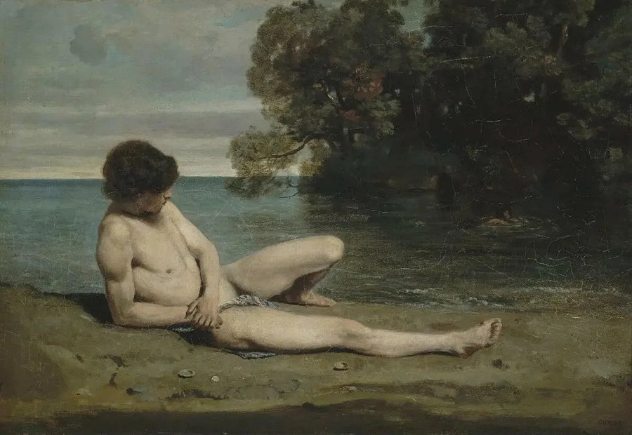 Ung badare liggande på stranden - Jean-Baptiste Camille Corot