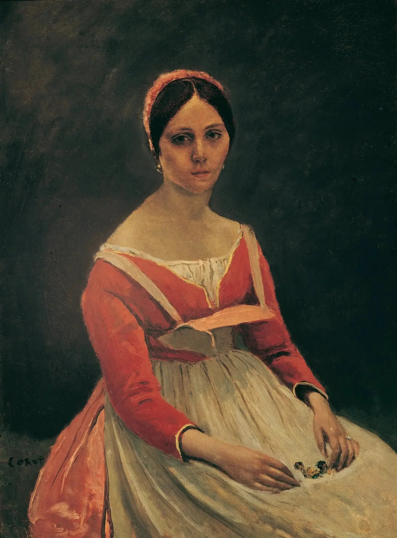 Ung kvinna sittande, blommor i händerna - Jean-Baptiste Camille Corot