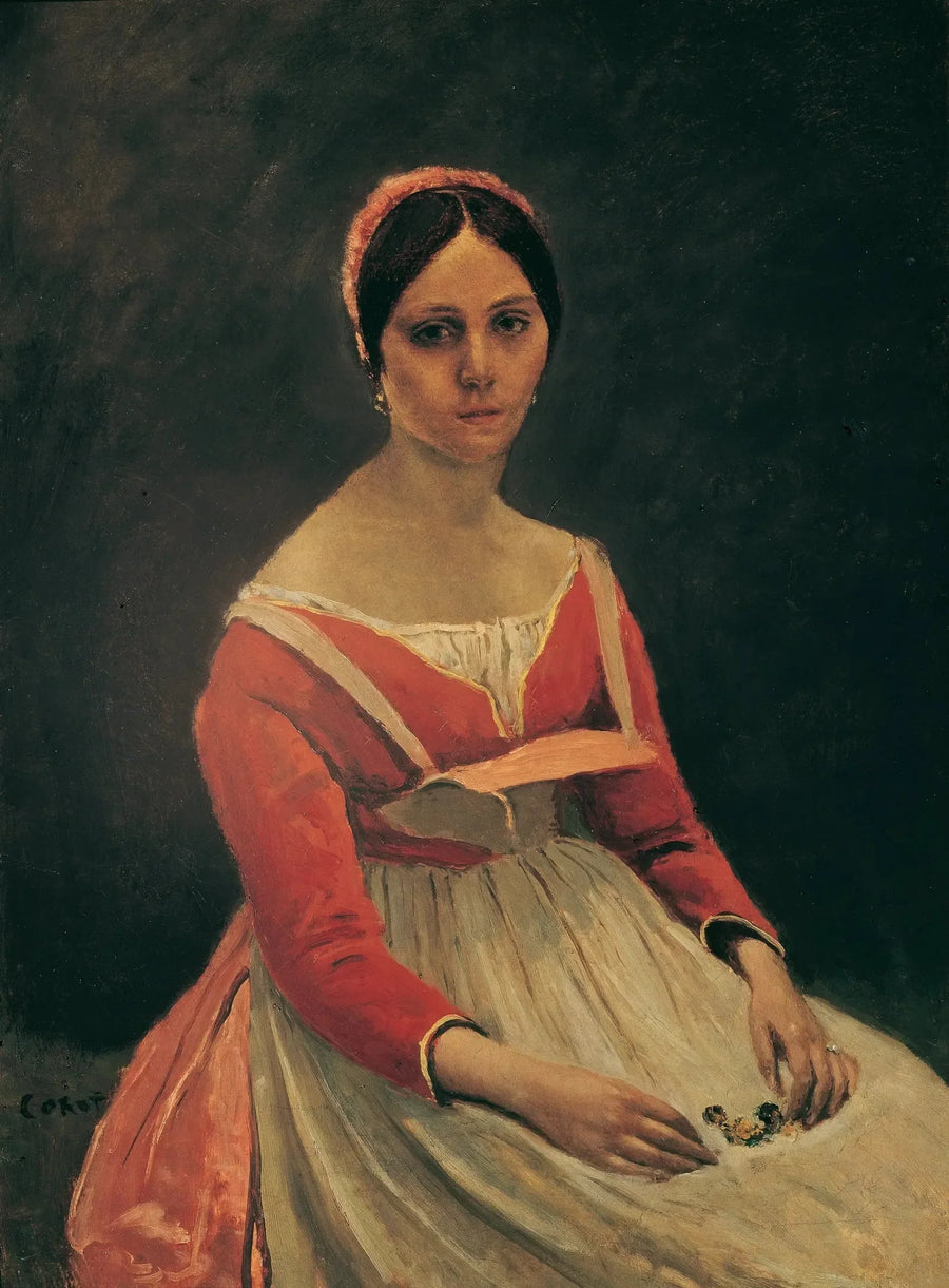 Ung kvinna sittande, blommor i händerna - Jean-Baptiste Camille Corot