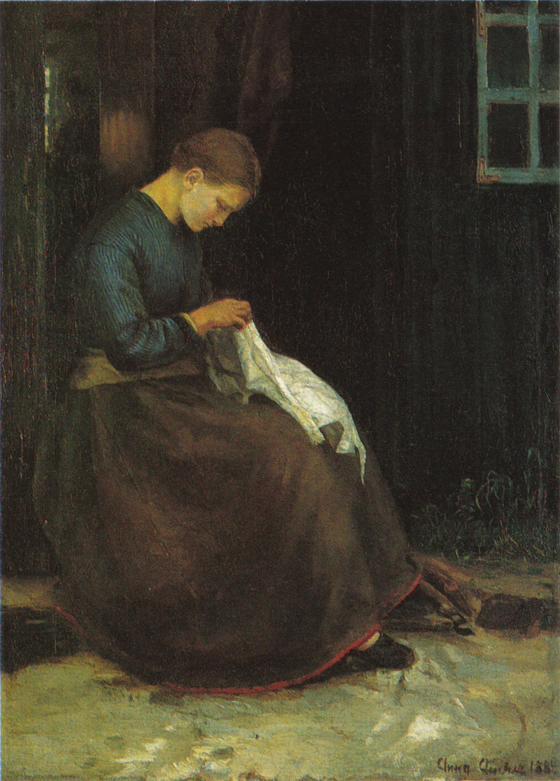 Ung kvinna med sitt sömnadsarbete vid en husdörr - Anna Ancher