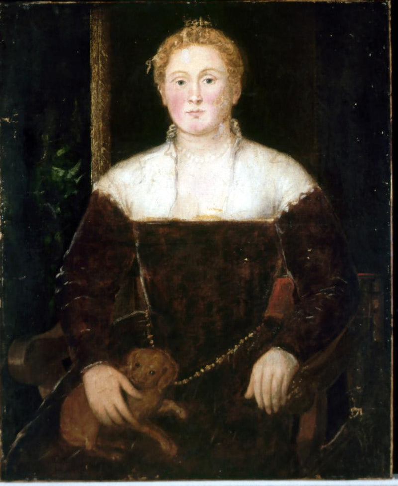 Ung kvinna med en liten hund, kanske en medlem av familjen Soranzo - Jacopo Tintoretto