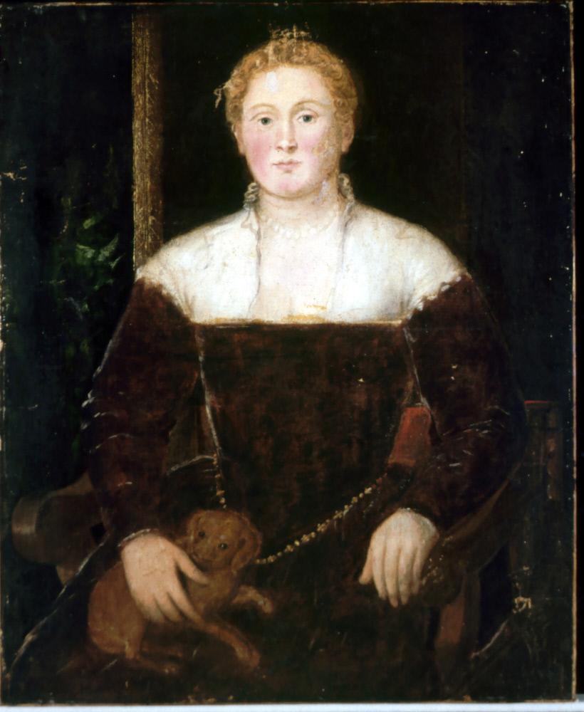 Ung kvinna med en liten hund, kanske en medlem av familjen Soranzo - Jacopo Tintoretto