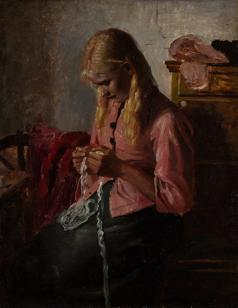 Ung kvinna som gör makramé. Tine, Skagen. - Michael Peter Ancher