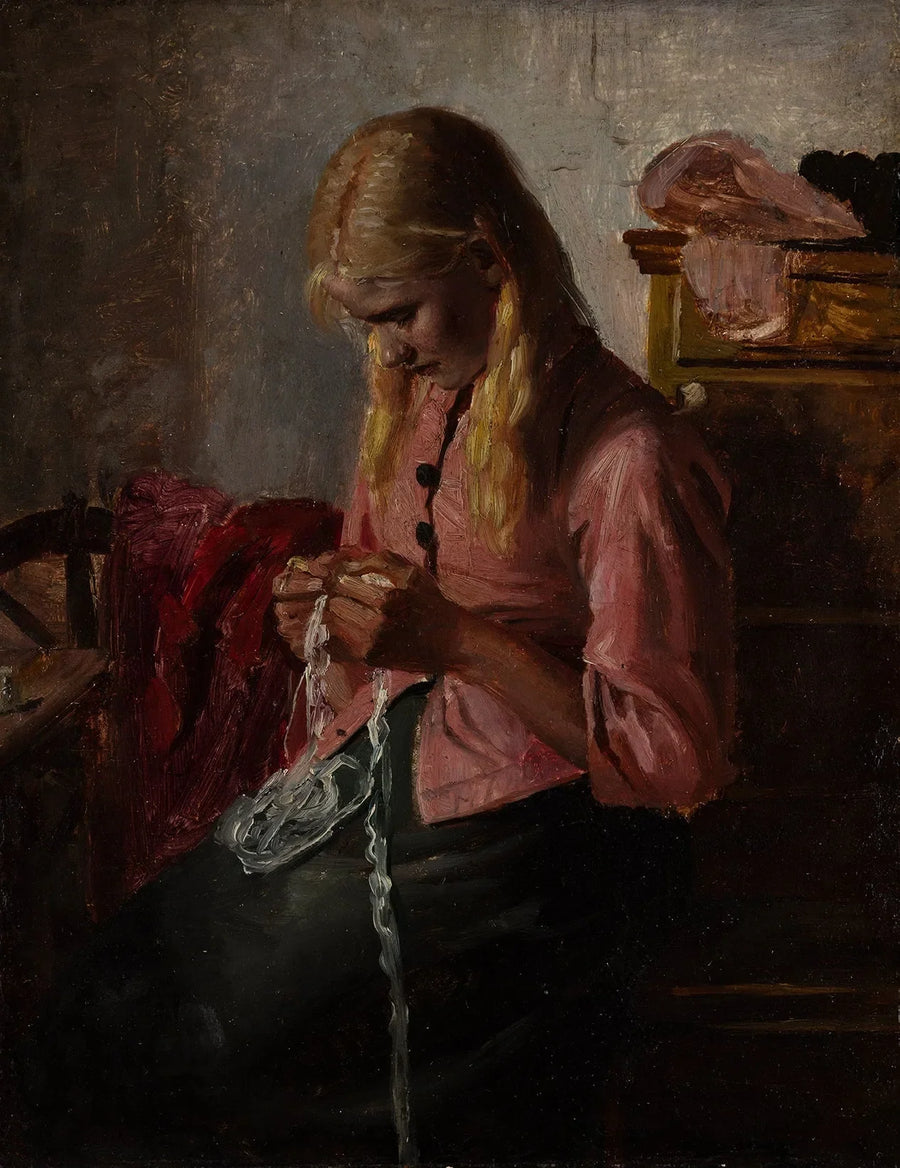 Ung kvinna som gör makramé. Tine, Skagen. - Michael Peter Ancher
