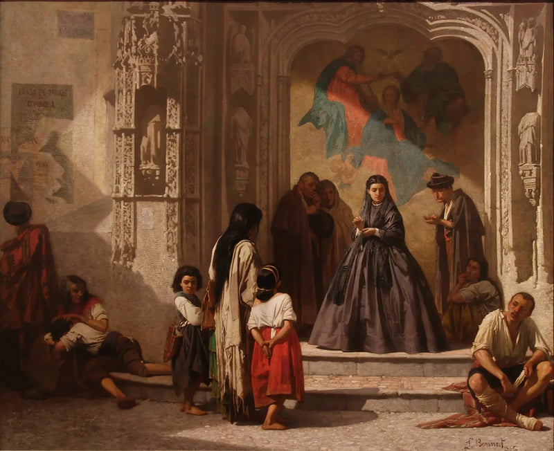Ung kvinna som skänker välgörenhet vid ingången till kapellet på sjukhuset Saint-Sébastien i Córdoba - Léon Bonnat