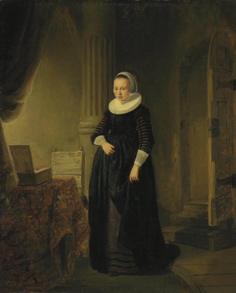 Porträtt av en kvinna, stående i helfigur i ett inre - Rembrandt