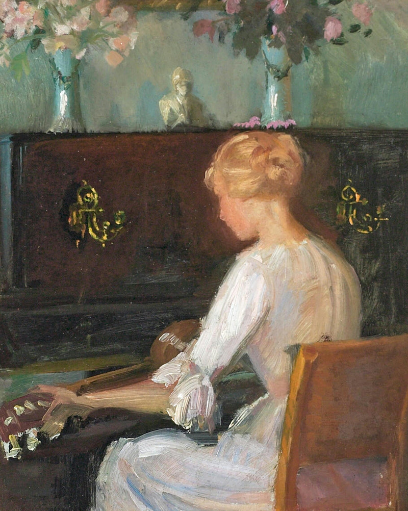 Ung kvinna som spelar gitarr framför ett piano - Anna Ancher