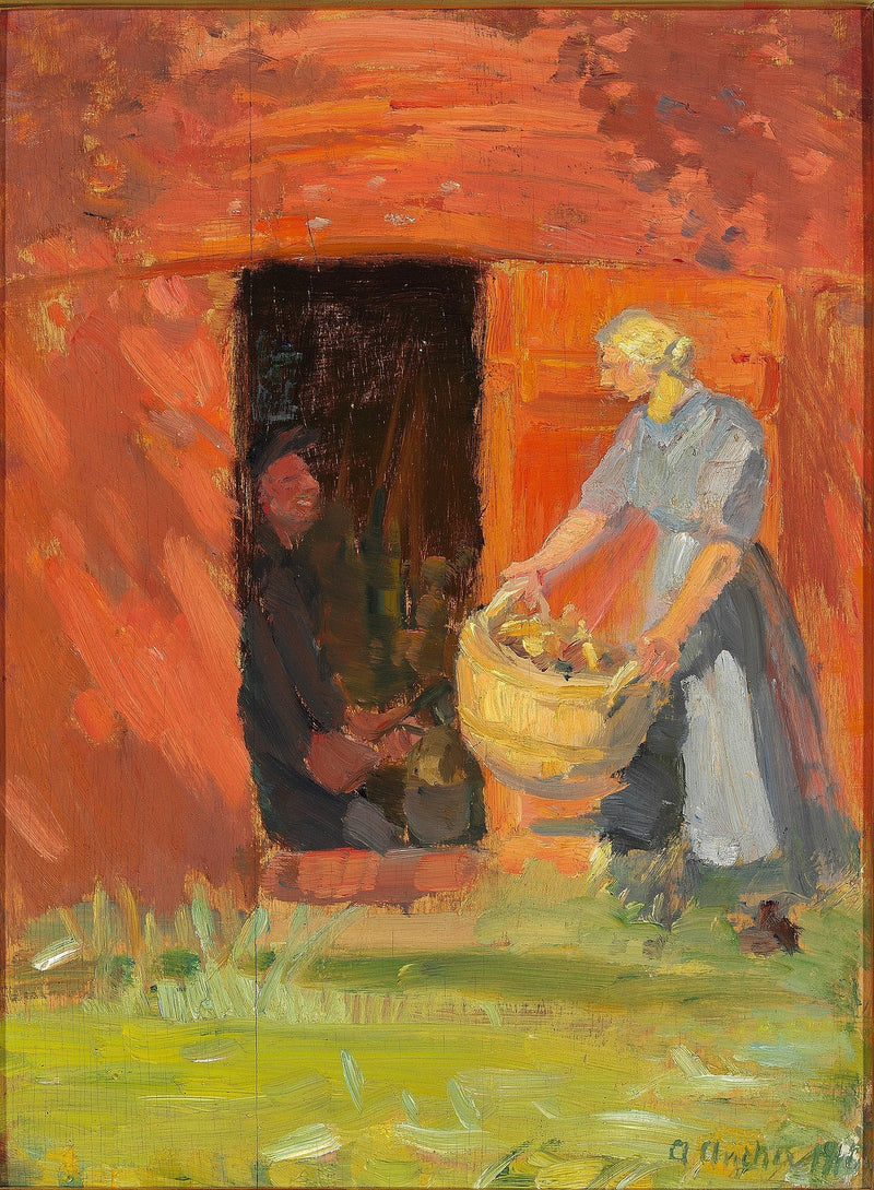 Ung kvinna som bär underkläder framför ett rött hus i Skagen. - Anna Ancher