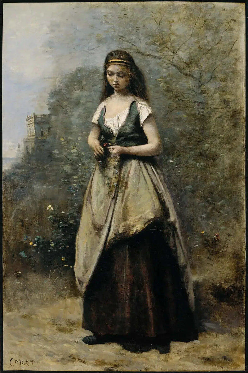 Ung kvinna väver en blomsterkrans - Jean-Baptiste Camille Corot