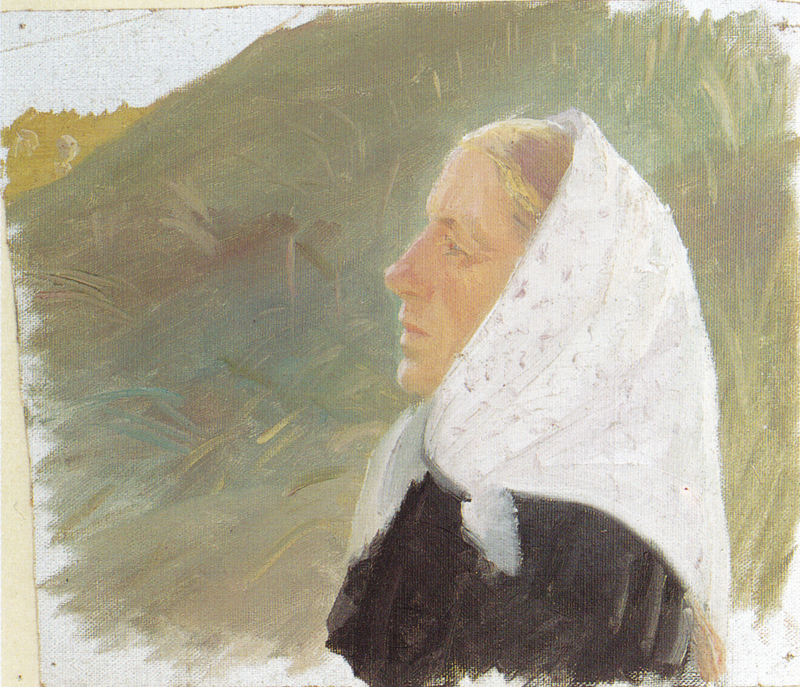 Ung kvinna klädd i svart och med ett vitt sjal på huvudet, sittande i sanddynerna - Anna Ancher