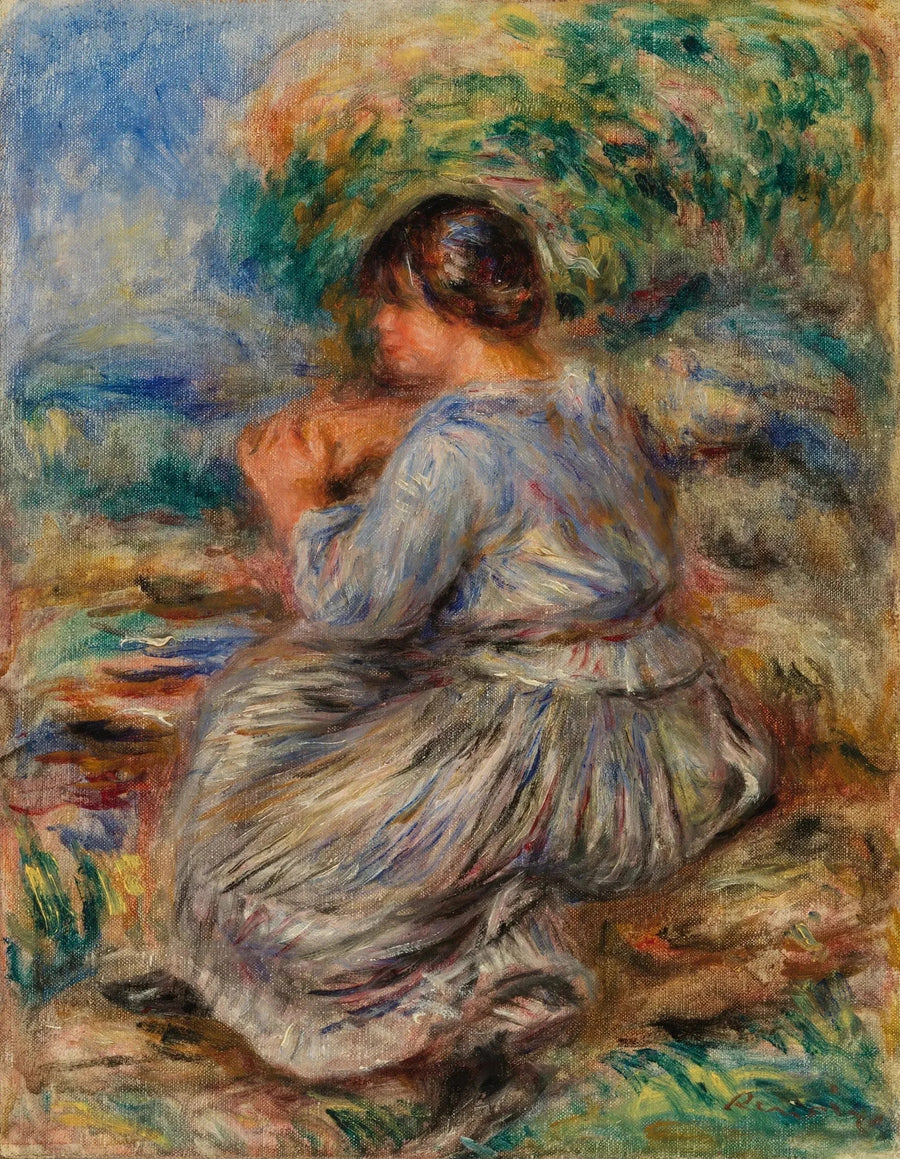 Flicka som sitter i ett landskap (Ung flicka som sitter i en trädgård) - Pierre-Auguste Renoir