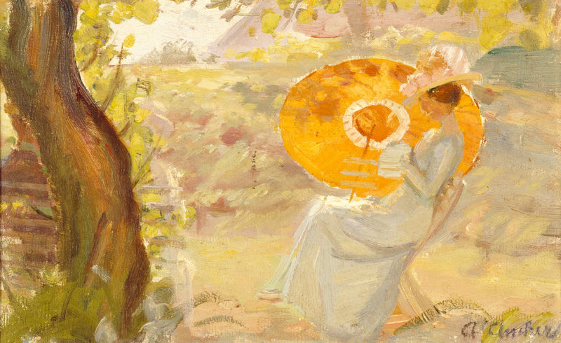 Ung flicka i en trädgård med en orange parasoll - Anna Ancher