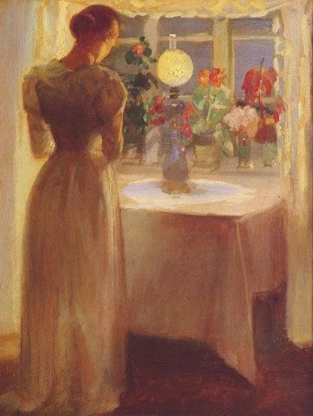 Ung flicka framför en tänd lampa - Anna Ancher