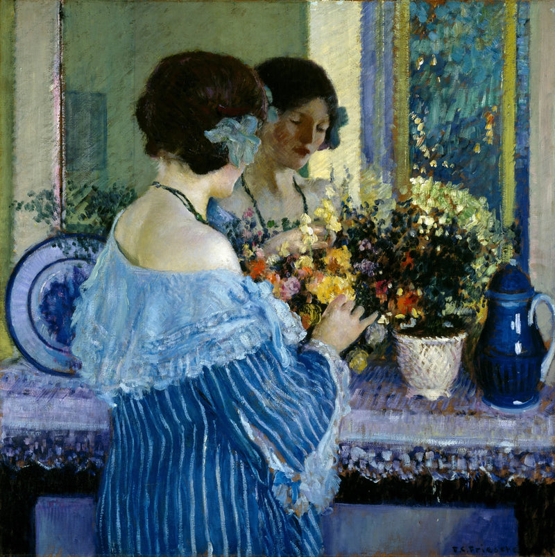 Ung flicka i blå som arrangerar blommor - Frederick Carl Frieseke